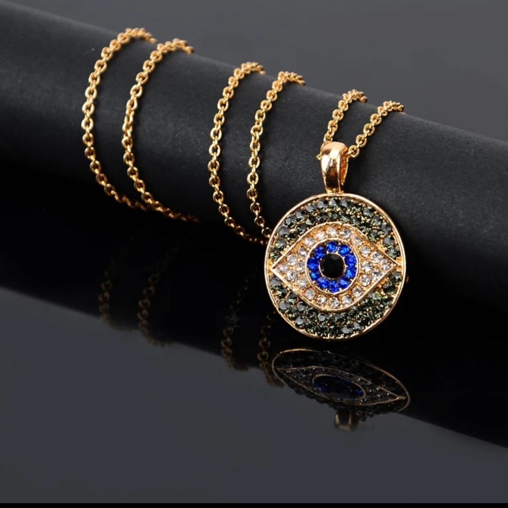Goldtone Rhinestone Eye Pendant Necklace - Picture 4 of 5